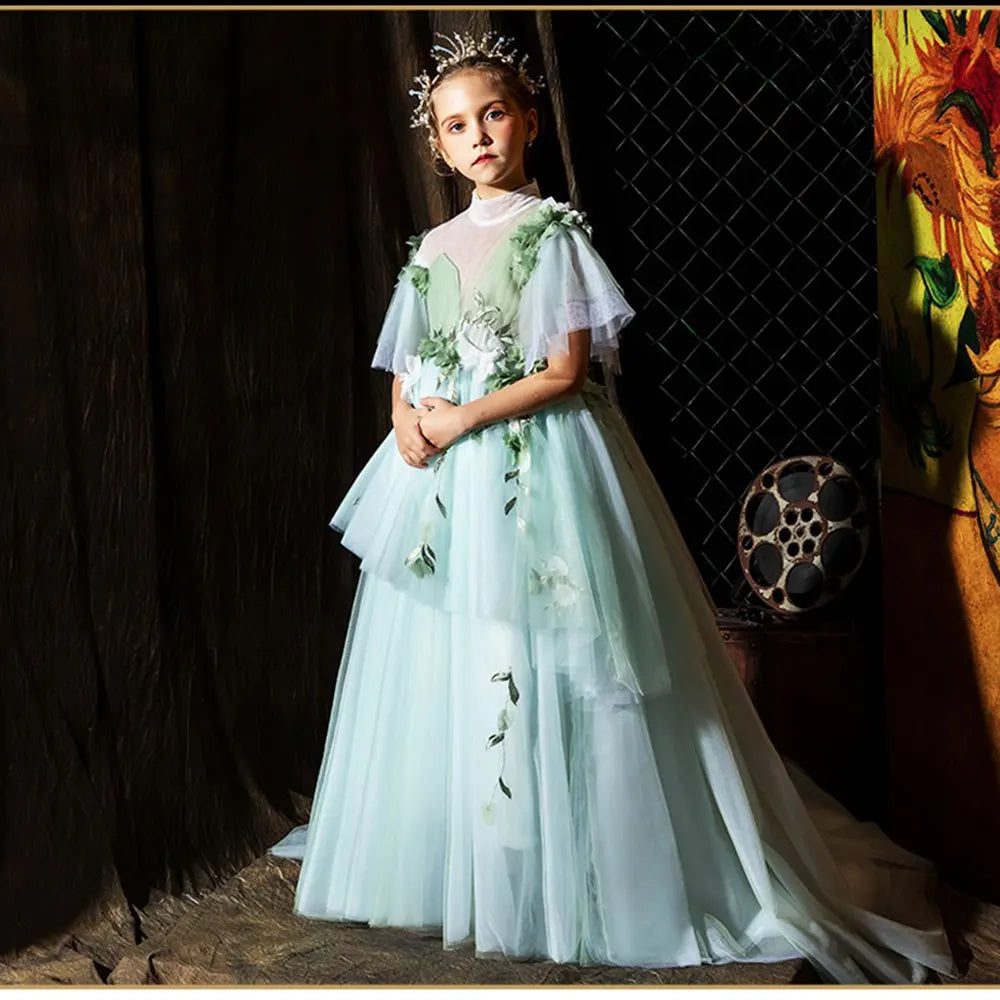 DreamyVow Luxury Flower Girl Dresses Sage Green Handmade Flower Princess Floral Gown for Kid Birthday Wedding Party Pageant J019-DreamyVow