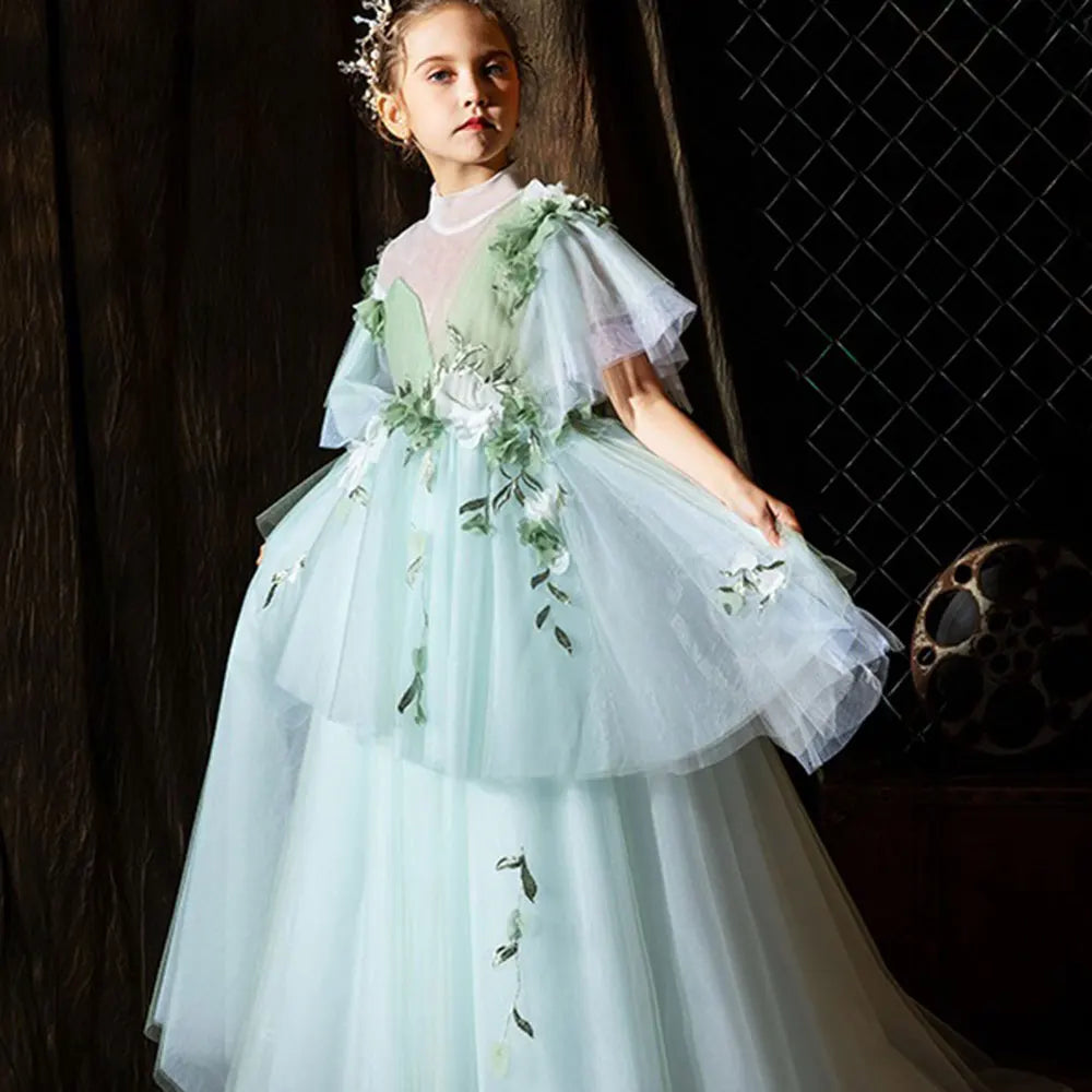 DreamyVow Luxury Flower Girl Dresses Sage Green Handmade Flower Princess Floral Gown for Kid Birthday Wedding Party Pageant J019-DreamyVow