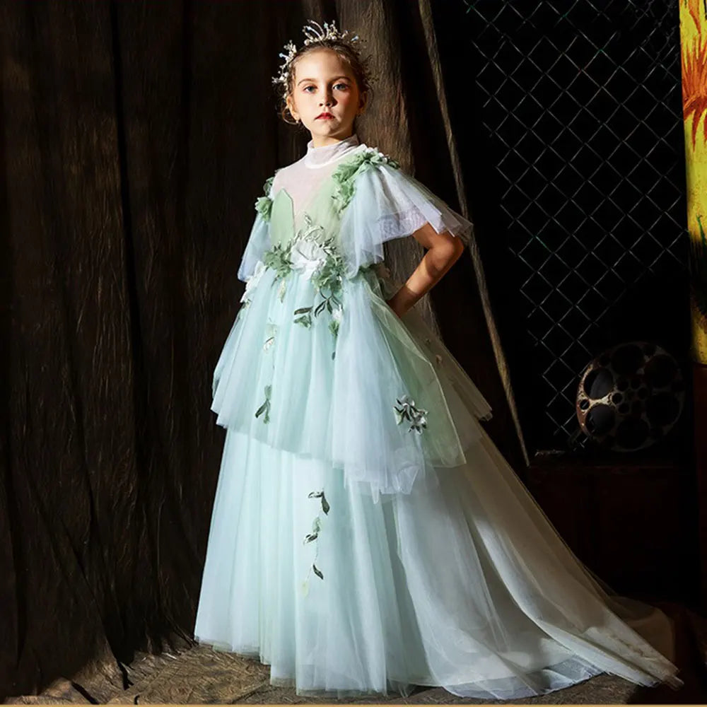 DreamyVow Luxury Flower Girl Dresses Sage Green Handmade Flower Princess Floral Gown for Kid Birthday Wedding Party Pageant J019-DreamyVow