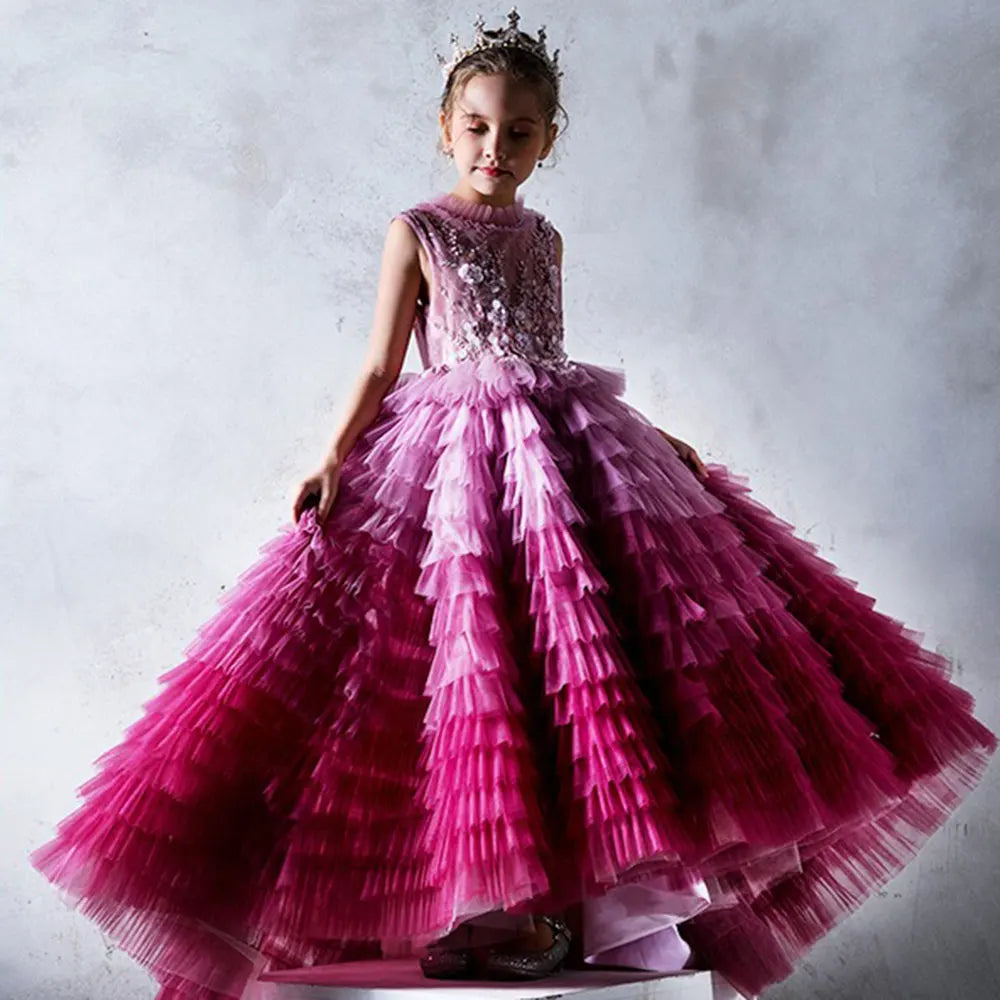 DreamyVow Luxury Fuchsia Flower Girl Dress Tiered Applique Princess A-Line Gown for Kids Birthday Wedding Party Pageant J017-DreamyVow