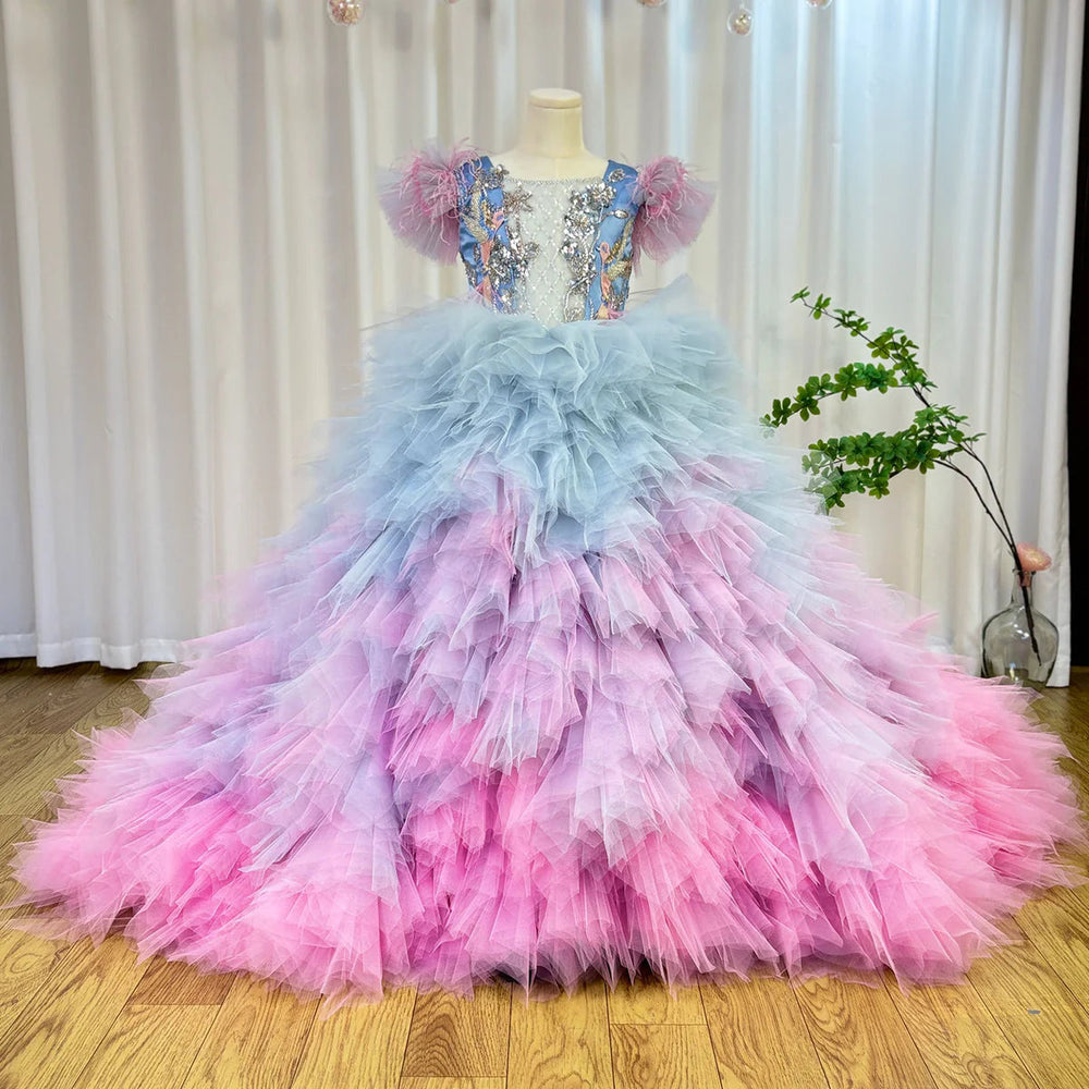 DreamyVow Luxury Girl Dress Feathers Beading Princess Prom Gown for Kids Wedding Birthday Communion Party Quinceañera 2024 J163-DreamyVow