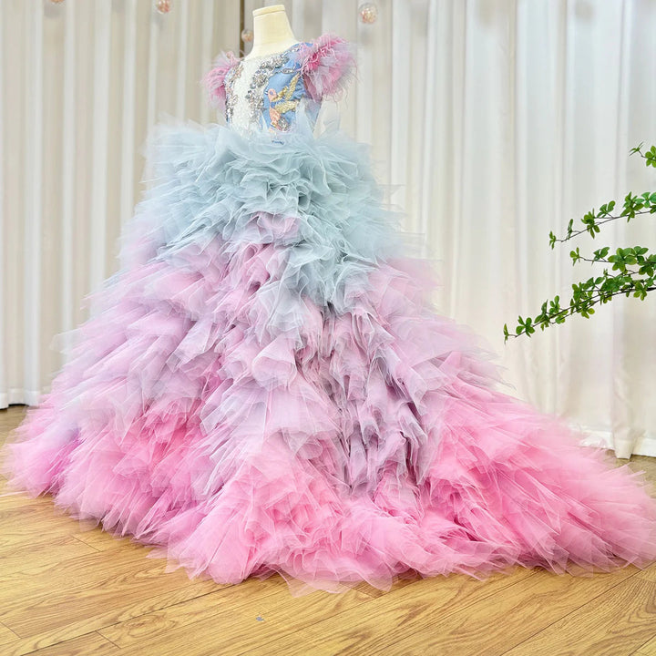 DreamyVow Luxury Girl Dress Feathers Beading Princess Prom Gown for Kids Wedding Birthday Communion Party Quinceañera 2024 J163-DreamyVow