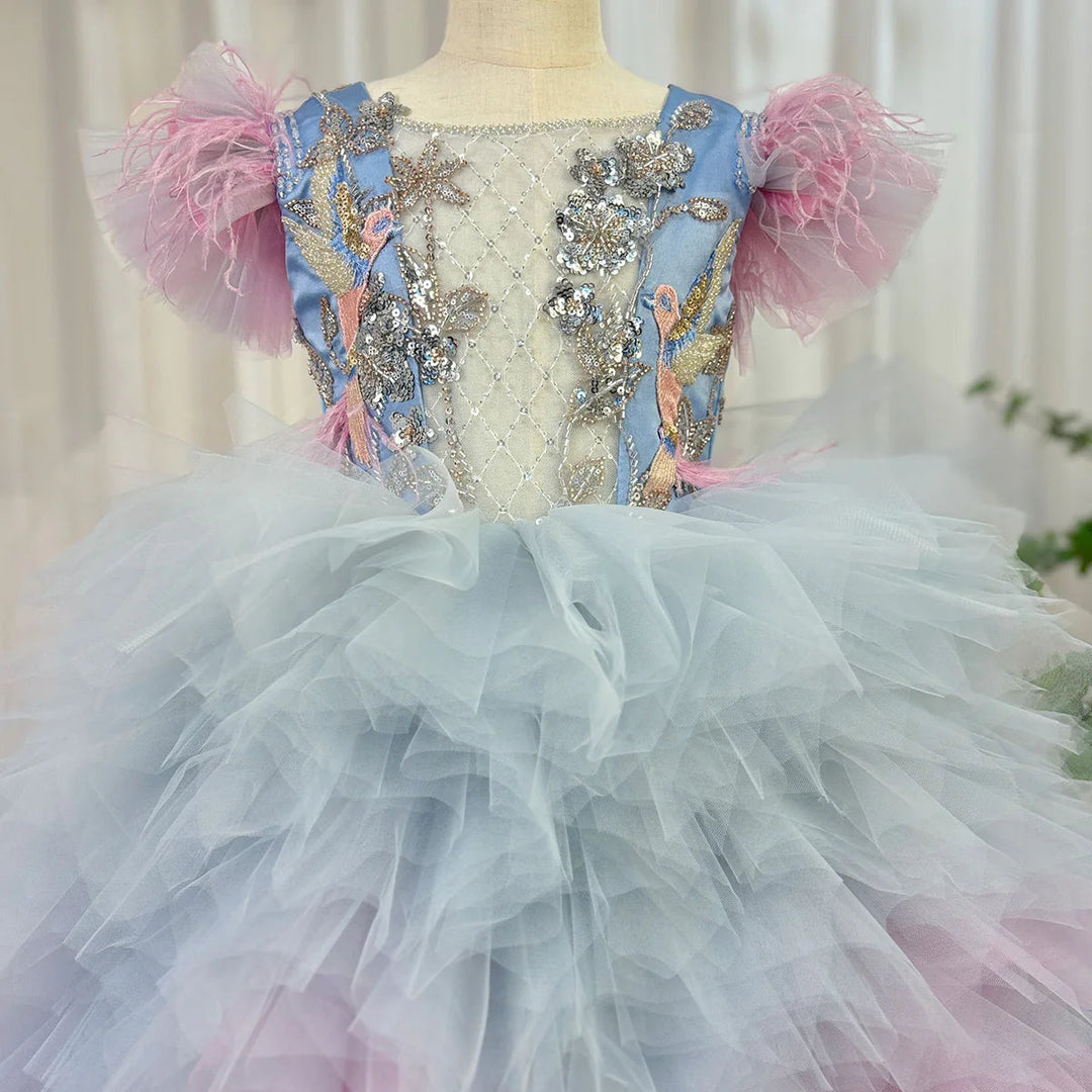 DreamyVow Luxury Girl Dress Feathers Beading Princess Prom Gown for Kids Wedding Birthday Communion Party Quinceañera 2024 J163-DreamyVow