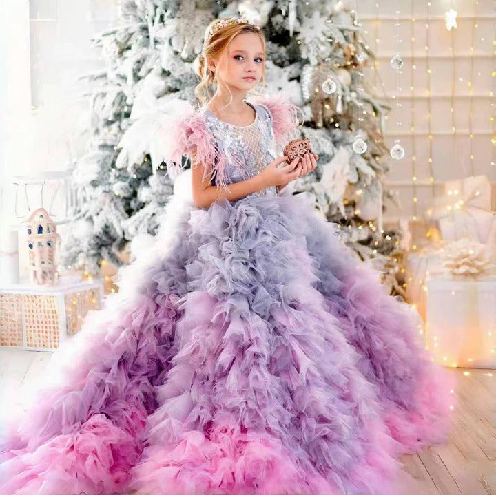 DreamyVow Luxury Girl Dress Feathers Beading Princess Prom Gown for Kids Wedding Birthday Communion Party Quinceañera 2024 J163-DreamyVow