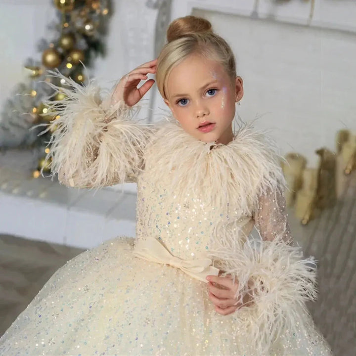 DreamyVow Luxury Gold Girl Dress Feathers Sequined Dubai Kids Wedding Birthday Communion Party Gowns vestido de 2024 J320-DreamyVow