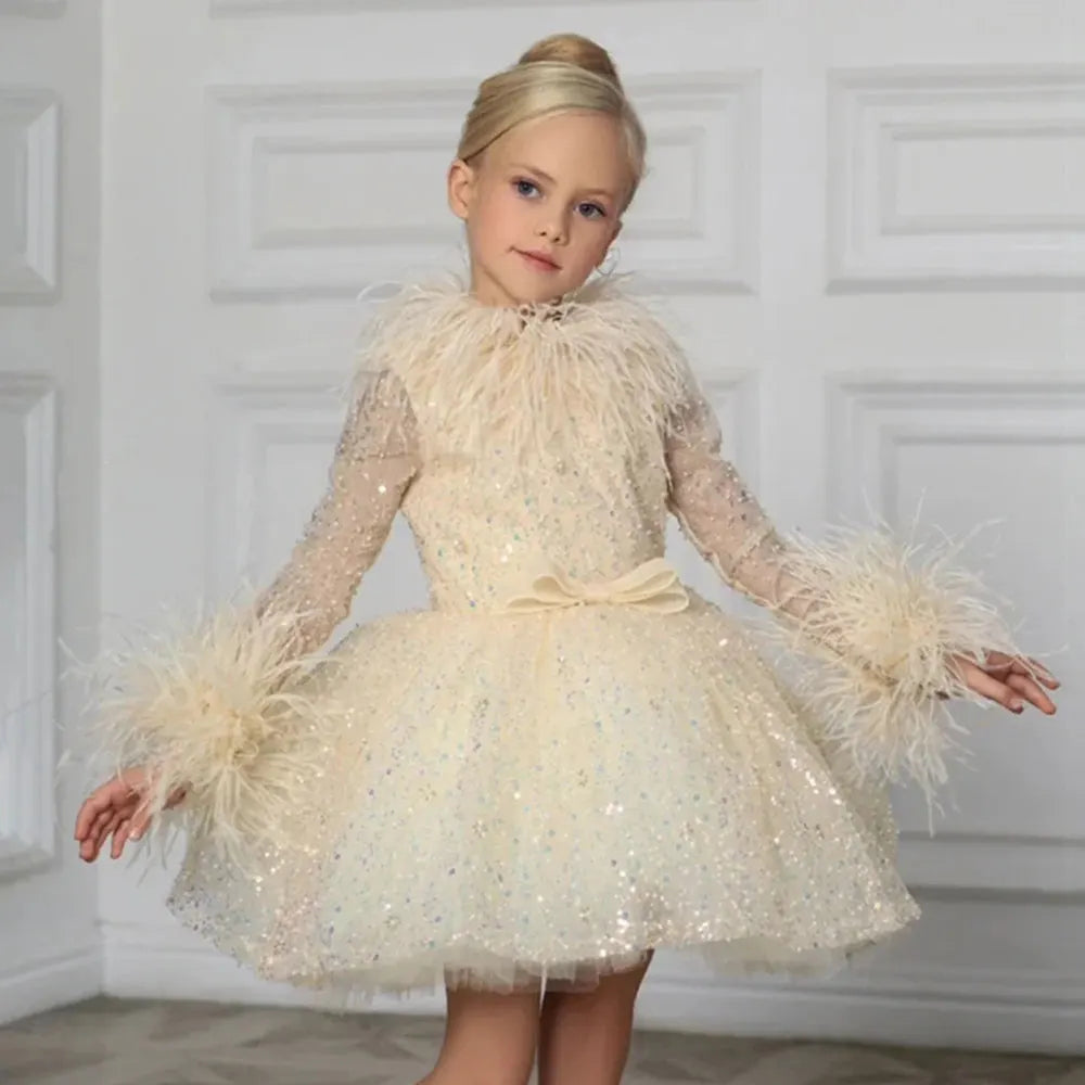 DreamyVow Luxury Gold Girl Dress Feathers Sequined Dubai Kids Wedding Birthday Communion Party Gowns vestido de 2024 J320-DreamyVow