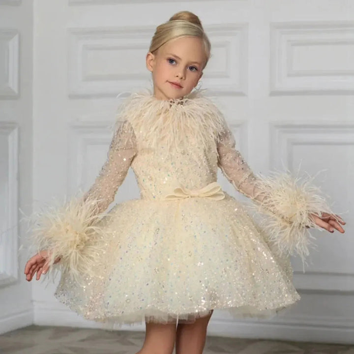 DreamyVow Luxury Gold Girl Dress Feathers Sequined Dubai Kids Wedding Birthday Communion Party Gowns vestido de 2024 J320-DreamyVow