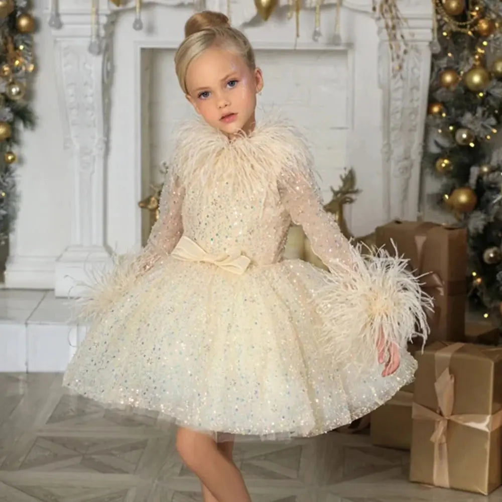 DreamyVow Luxury Gold Girl Dress Feathers Sequined Dubai Kids Wedding Birthday Communion Party Gowns vestido de 2024 J320-DreamyVow