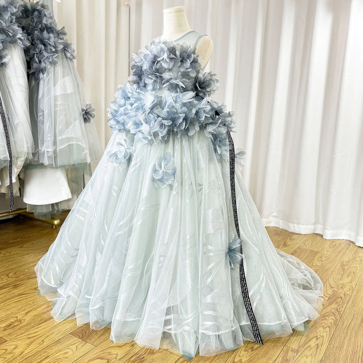 DreamyVow Luxury Gray Kids Girl Dress Handmade Flower Ribbons Princess A-Line Gown for Birthday Wedding Party Honors Day J018-DreamyVow