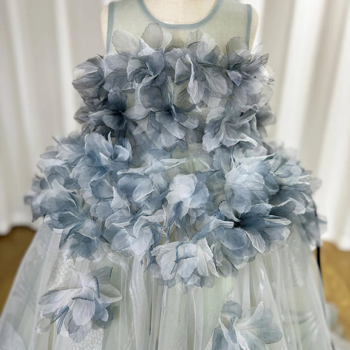 DreamyVow Luxury Gray Kids Girl Dress Handmade Flower Ribbons Princess A-Line Gown for Birthday Wedding Party Honors Day J018-DreamyVow