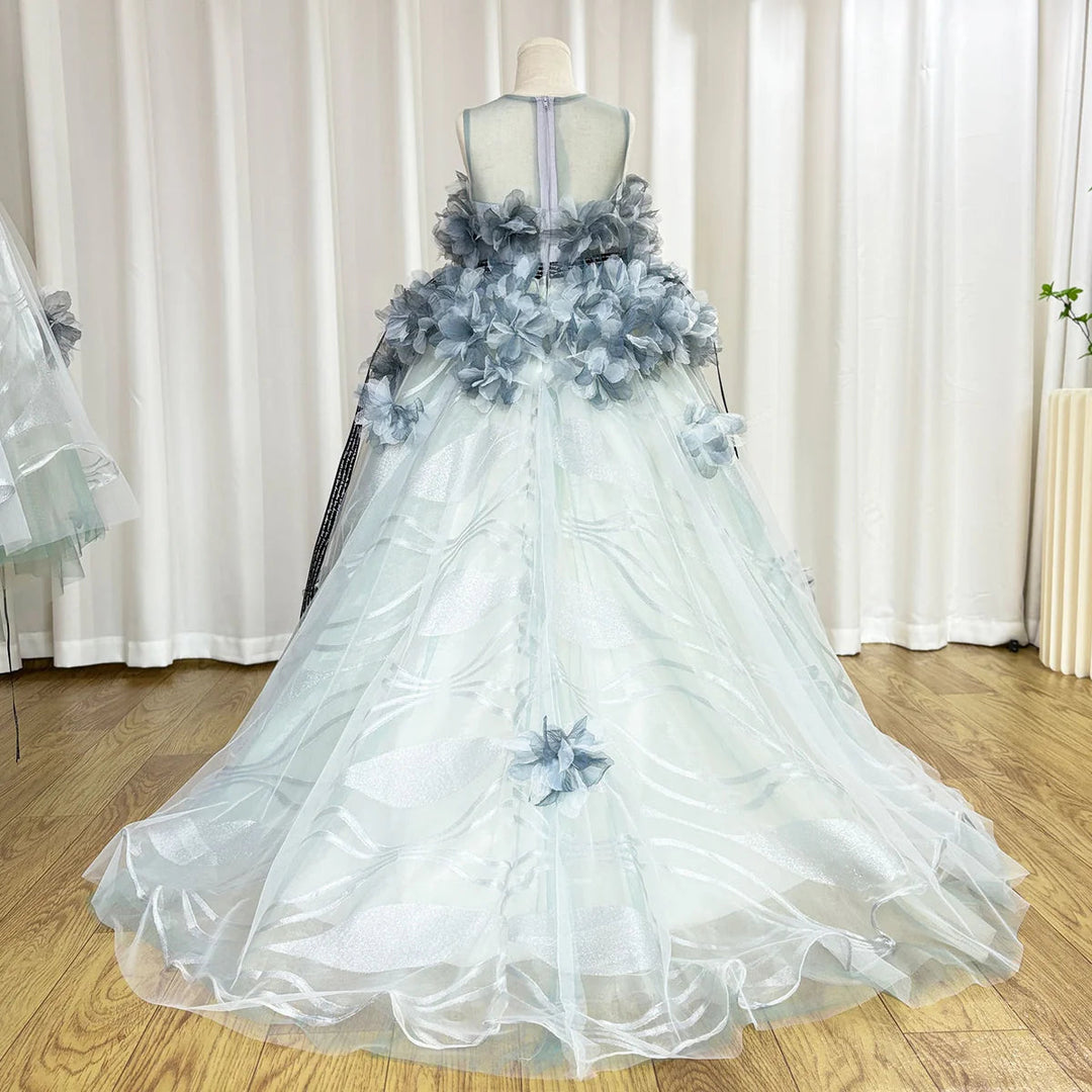 DreamyVow Luxury Gray Kids Girl Dress Handmade Flower Ribbons Princess A-Line Gown for Birthday Wedding Party Honors Day J018-DreamyVow