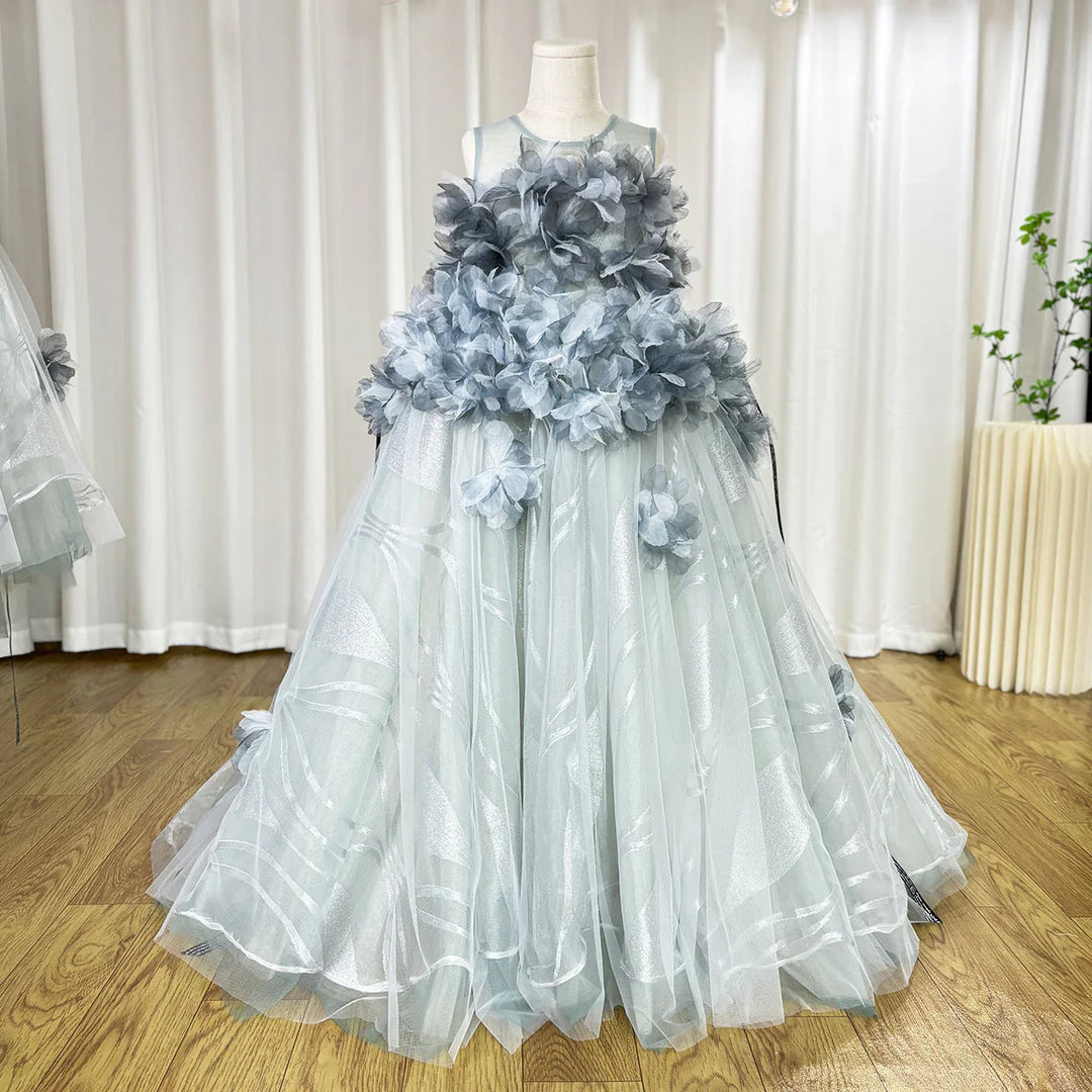 DreamyVow Luxury Gray Kids Girl Dress Handmade Flower Ribbons Princess A-Line Gown for Birthday Wedding Party Honors Day J018-DreamyVow