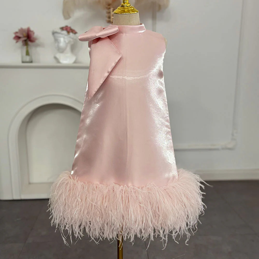 DreamyVow Luxury Mini Arabic Pink Flower Girl Dress Ostrich Feathers Bow Baby Kids Birthday Wedding Party Gown Pageant J117-DreamyVow