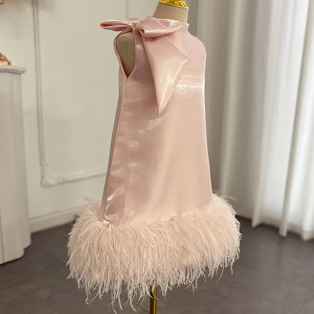 DreamyVow Luxury Mini Arabic Pink Flower Girl Dress Ostrich Feathers Bow Baby Kids Birthday Wedding Party Gown Pageant J117-DreamyVow