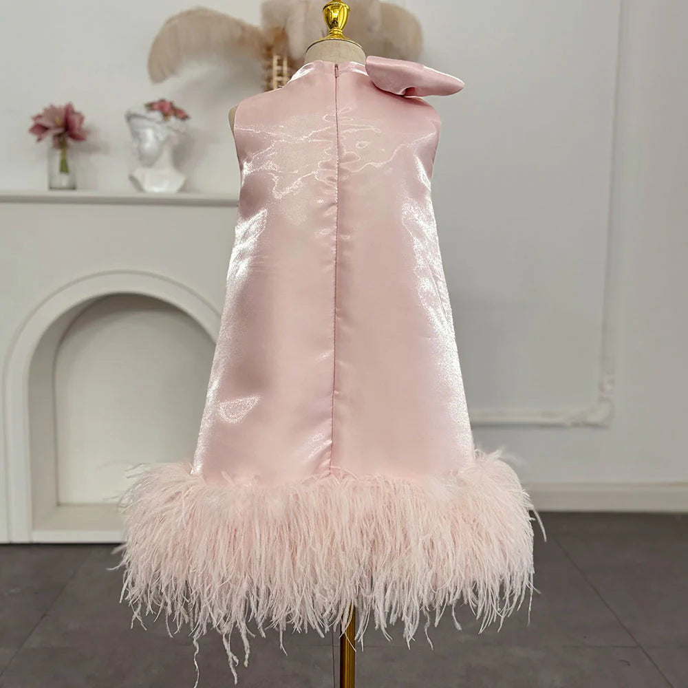 DreamyVow Luxury Mini Arabic Pink Flower Girl Dress Ostrich Feathers Bow Baby Kids Birthday Wedding Party Gown Pageant J117-DreamyVow