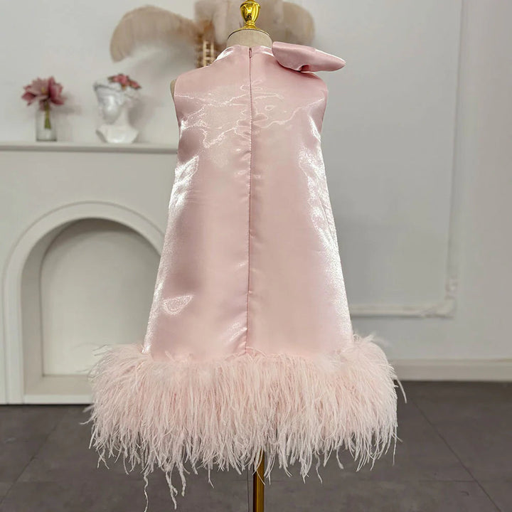 DreamyVow Luxury Mini Arabic Pink Flower Girl Dress Ostrich Feathers Bow Baby Kids Birthday Wedding Party Gown Pageant J117-DreamyVow