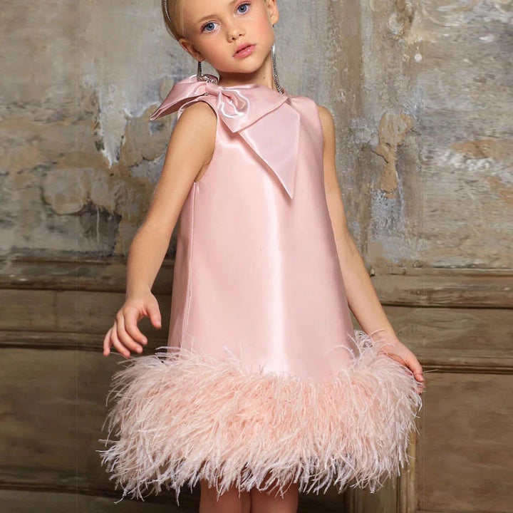 DreamyVow Luxury Mini Arabic Pink Flower Girl Dress Ostrich Feathers Bow Baby Kids Birthday Wedding Party Gown Pageant J117-DreamyVow