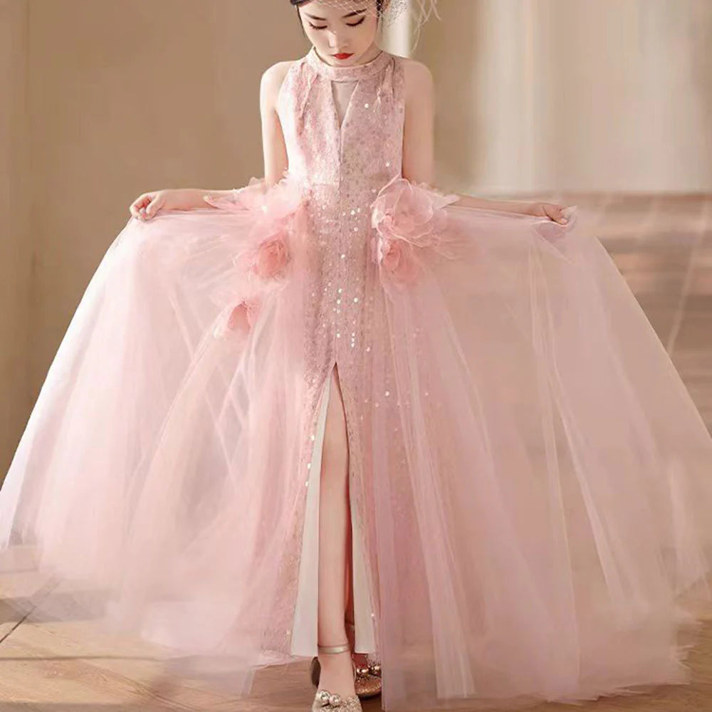 DreamyVow Luxury Pink Arabic Girl Dress Handmade Flowers Kids Princess Birthday Wedding Party Children Holiday Gown 2024 J255-DreamyVow