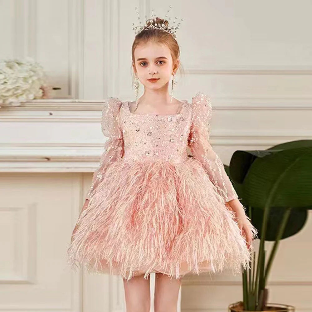 DreamyVow Luxury Pink Arabic Girl Dress Sequined Baby Kids Princess Birthday Wedding Party Children Holiday Gown 2024 J161-DreamyVow