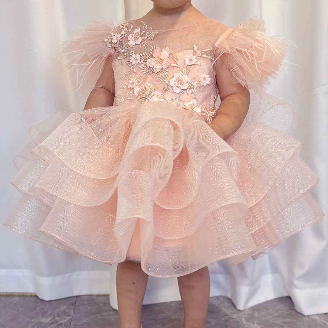 DreamyVow Luxury Pink Baby Flower Girl Dress Feathers Princess Kids Ball Gown for Birthday Wedding Party Holy Communion J144-DreamyVow