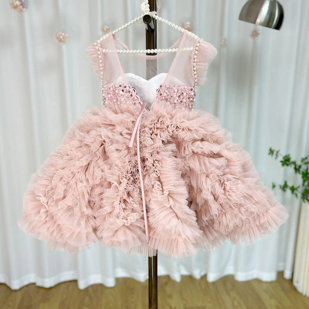 DreamyVow Luxury Pink Baby Flower Girl Dresses Arabic Pearls Princess Kids Ball Gown for Birthday Wedding Party Pageant J042-DreamyVow