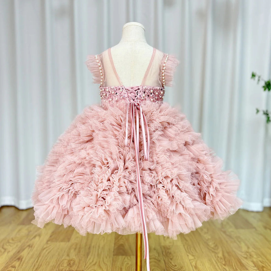 DreamyVow Luxury Pink Baby Flower Girl Dresses Arabic Pearls Princess Kids Ball Gown for Birthday Wedding Party Pageant J042-DreamyVow