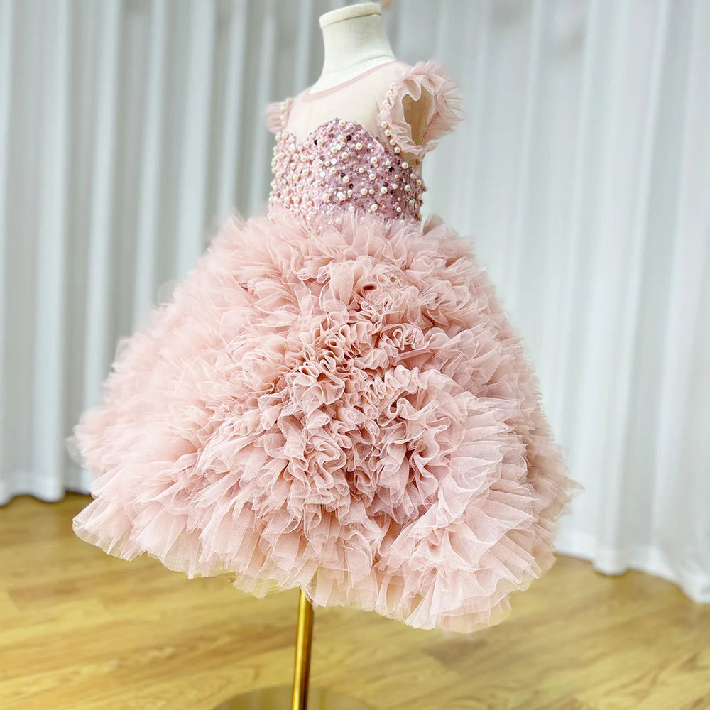 DreamyVow Luxury Pink Baby Flower Girl Dresses Arabic Pearls Princess Kids Ball Gown for Birthday Wedding Party Pageant J042-DreamyVow