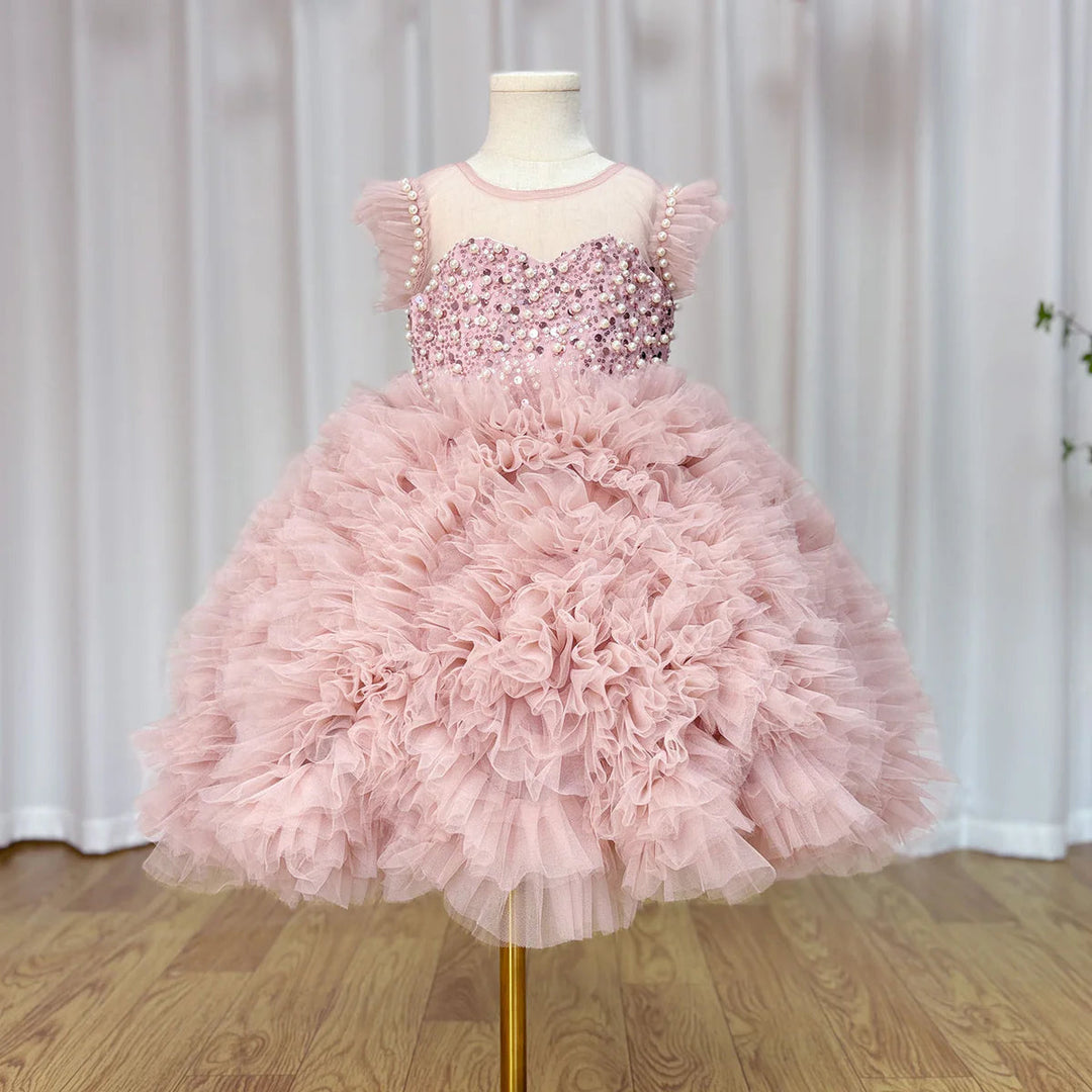 DreamyVow Luxury Pink Baby Flower Girl Dresses Arabic Pearls Princess Kids Ball Gown for Birthday Wedding Party Pageant J042-DreamyVow