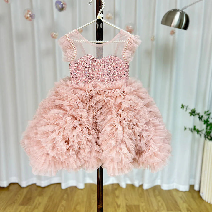 DreamyVow Luxury Pink Baby Flower Girl Dresses Arabic Pearls Princess Kids Ball Gown for Birthday Wedding Party Pageant J042-DreamyVow