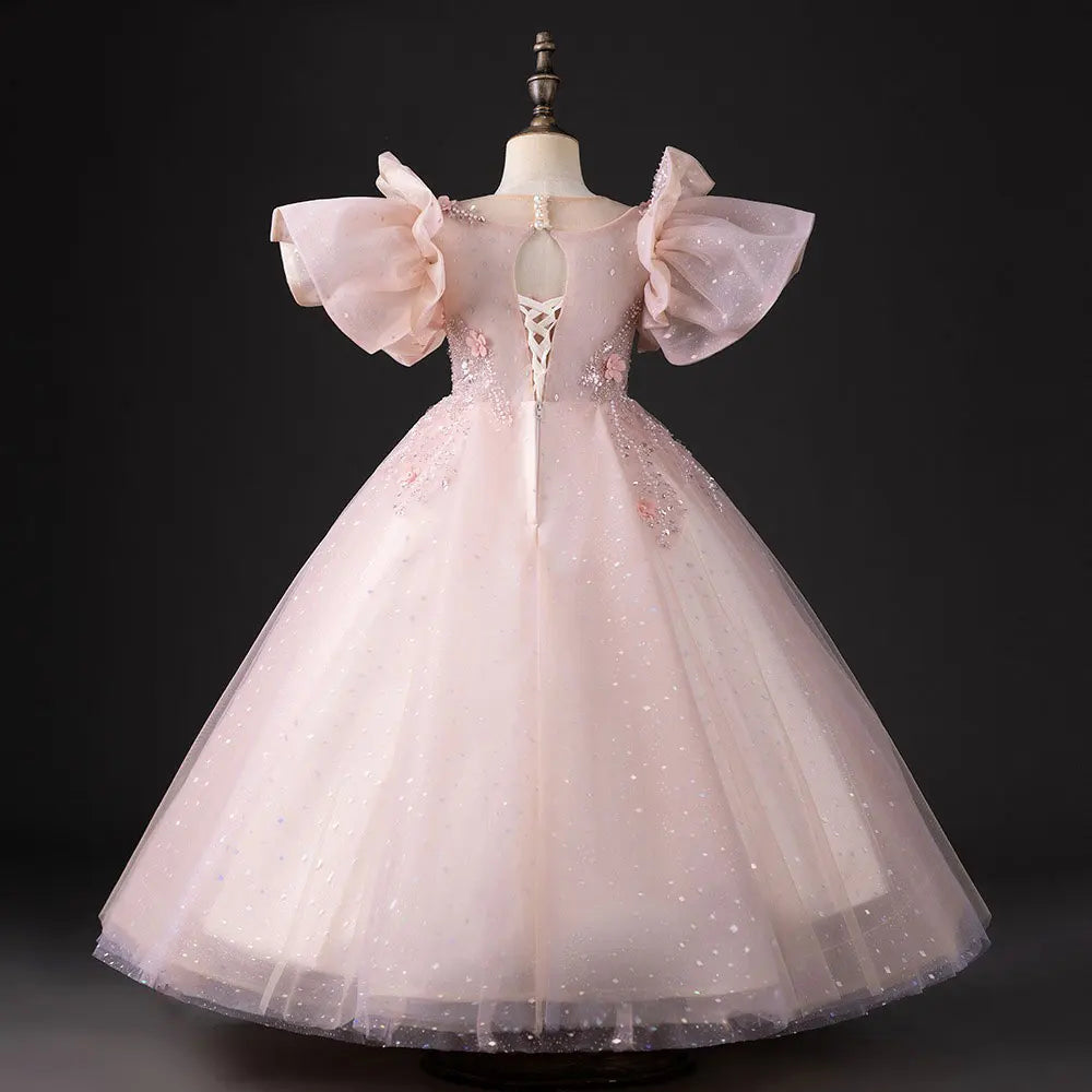 DreamyVow Luxury Pink Dubai Girl Dress 3D Flowers Pearls Arabic Princess Kids Wedding Birthday Party Long Ball Gown 2024 J384-DreamyVow