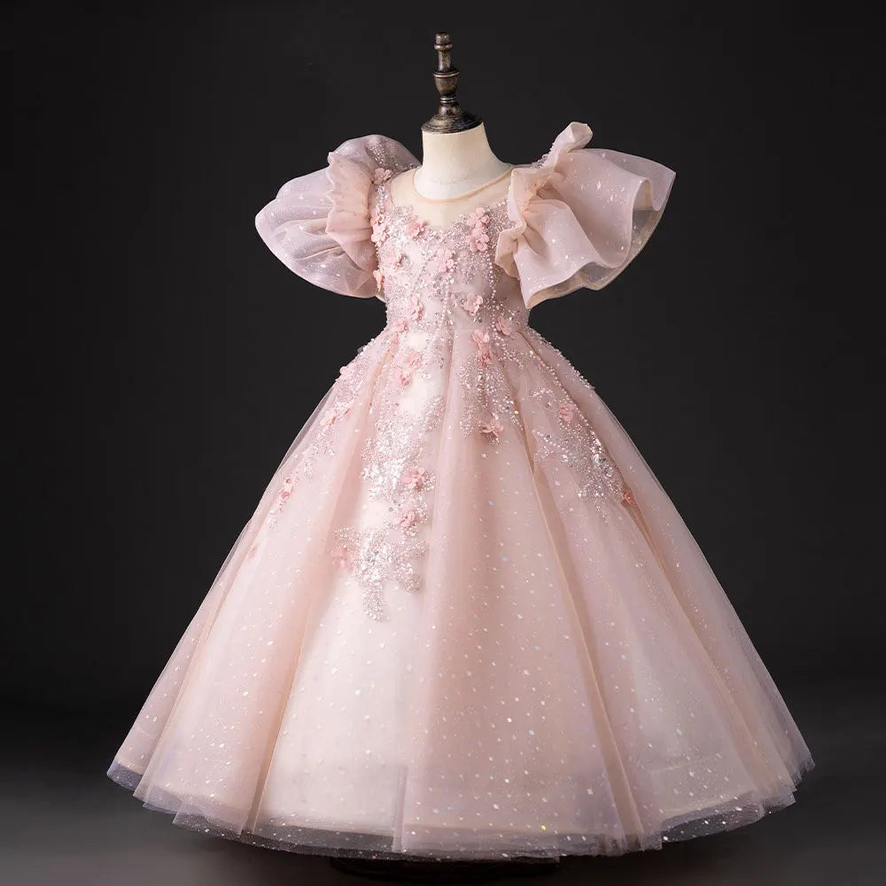 DreamyVow Luxury Pink Dubai Girl Dress 3D Flowers Pearls Arabic Princess Kids Wedding Birthday Party Long Ball Gown 2024 J384-DreamyVow