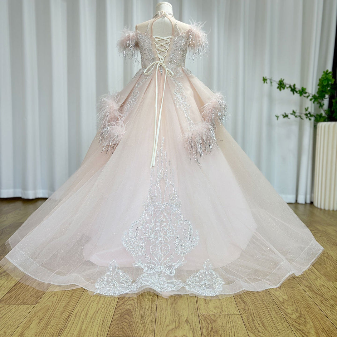 DreamyVow Luxury Pink Dubai Girl Dress Beaded Feathers Arabic Princess Kids Wedding Birthday Party Long Ball Gown 2024 J138-DreamyVow