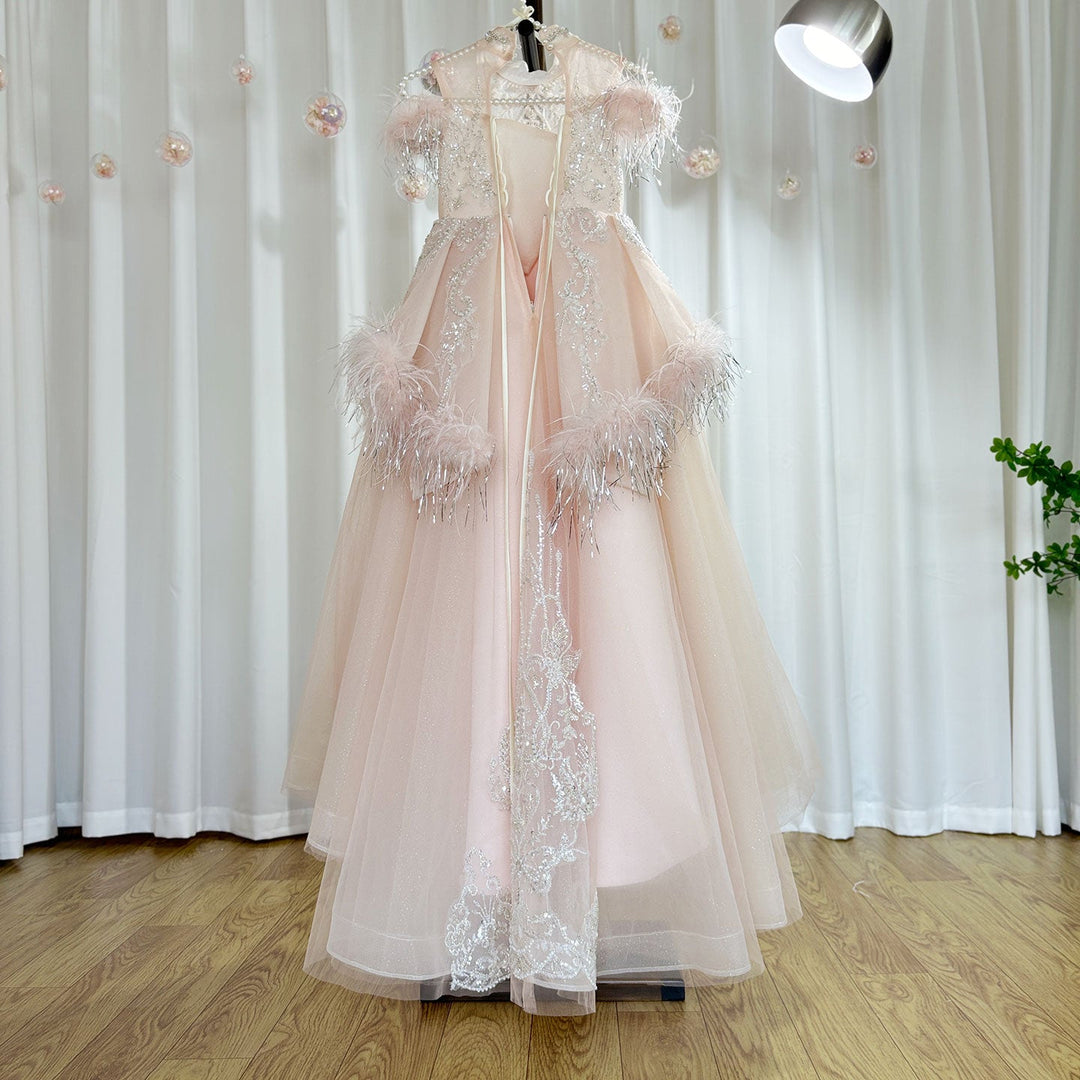 DreamyVow Luxury Pink Dubai Girl Dress Beaded Feathers Arabic Princess Kids Wedding Birthday Party Long Ball Gown 2024 J138-DreamyVow