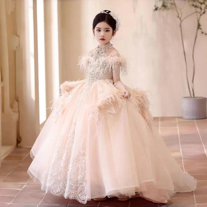 DreamyVow Luxury Pink Dubai Girl Dress Beaded Feathers Arabic Princess Kids Wedding Birthday Party Long Ball Gown 2024 J138-DreamyVow