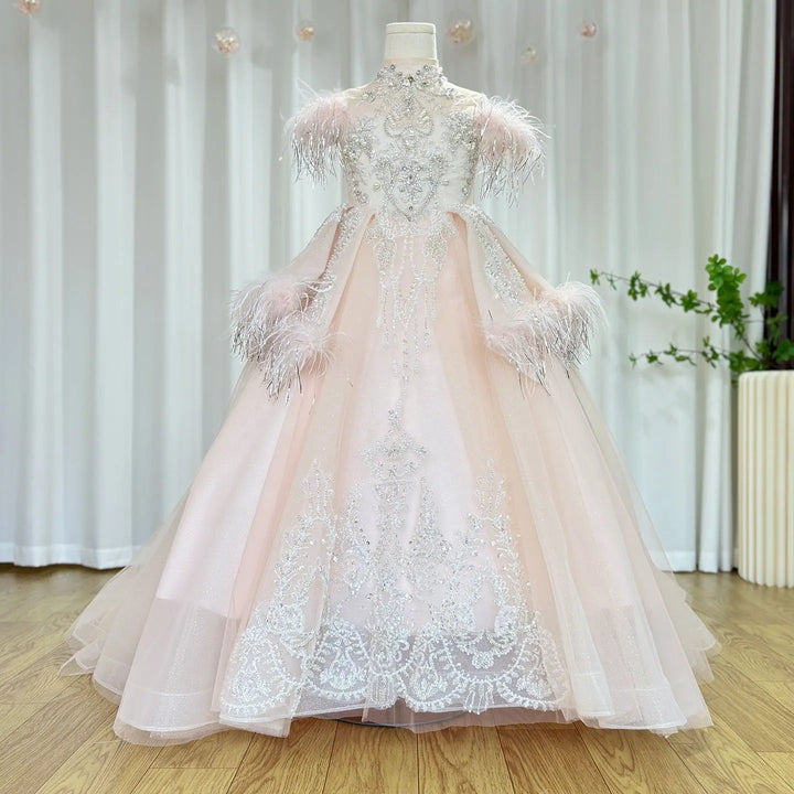 DreamyVow Luxury Pink Dubai Girl Dress Beaded Feathers Arabic Princess Kids Wedding Birthday Party Long Ball Gown 2024 J138-DreamyVow