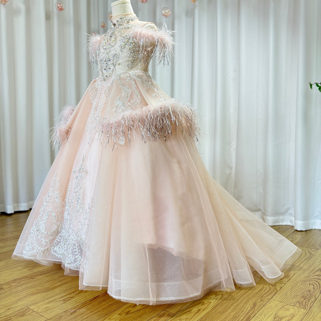 DreamyVow Luxury Pink Dubai Girl Dress Beaded Feathers Arabic Princess Kids Wedding Birthday Party Long Ball Gown 2024 J138-DreamyVow