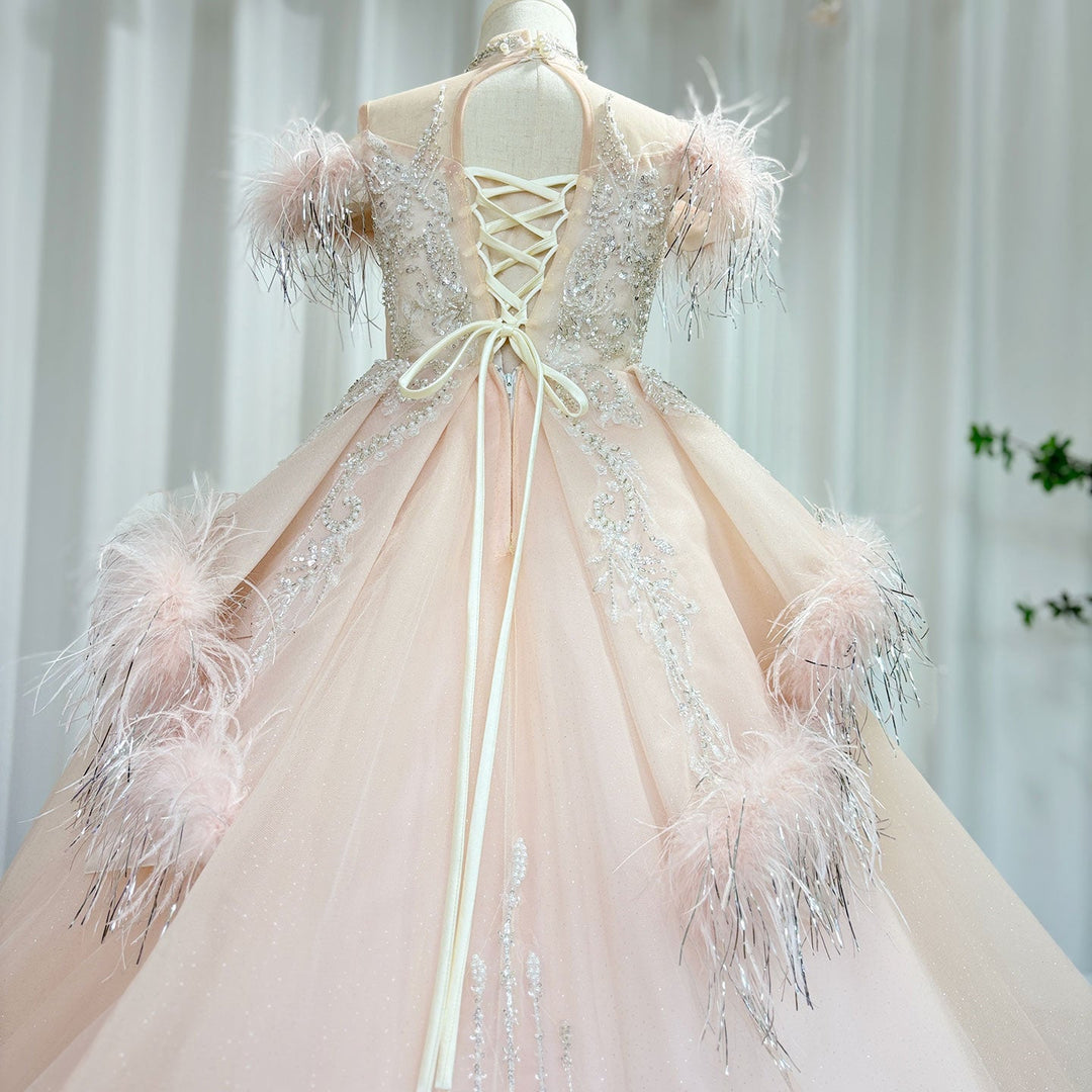 DreamyVow Luxury Pink Dubai Girl Dress Beaded Feathers Arabic Princess Kids Wedding Birthday Party Long Ball Gown 2024 J138-DreamyVow