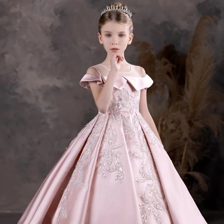 DreamyVow Luxury Pink Flower Girl Dress Appliques Sequined Princess Ball Gown for Kids Wedding Birthday Party Pageant J129-DreamyVow