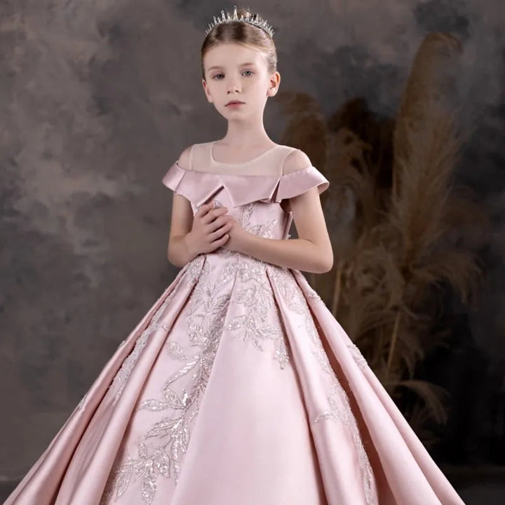 DreamyVow Luxury Pink Flower Girl Dress Appliques Sequined Princess Ball Gown for Kids Wedding Birthday Party Pageant J129-DreamyVow