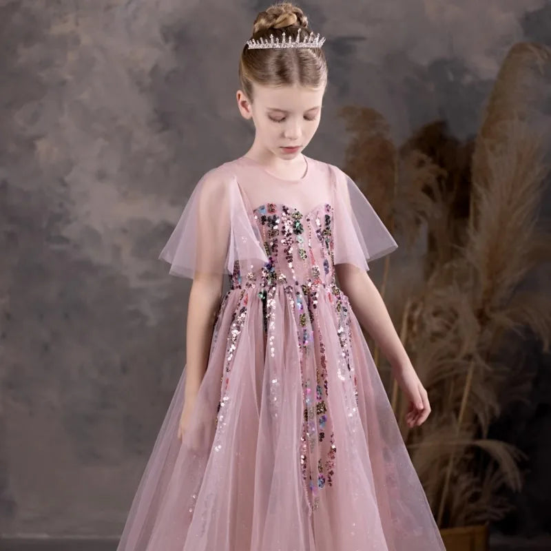 DreamyVow Luxury Pink Flower Girl Dresses Beading Sequined Princess A-Line Gown for Kids Wedding Birthday Party Pageant J126-DreamyVow