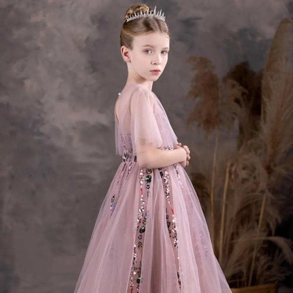 DreamyVow Luxury Pink Flower Girl Dresses Beading Sequined Princess A-Line Gown for Kids Wedding Birthday Party Pageant J126-DreamyVow