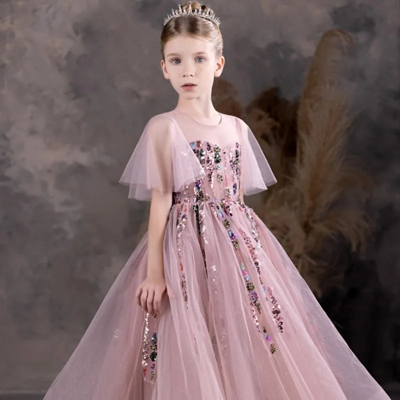 DreamyVow Luxury Pink Flower Girl Dresses Beading Sequined Princess A-Line Gown for Kids Wedding Birthday Party Pageant J126-DreamyVow