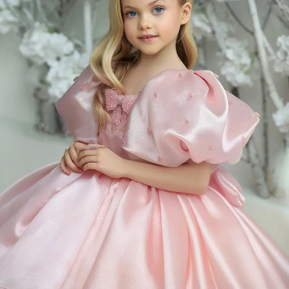 DreamyVow Luxury Pink Girl Dress Beaded Puffy Sleeve Bow Dubai Princess Gown for Baby Kids Birthday Wedding Communion Party J374-DreamyVow