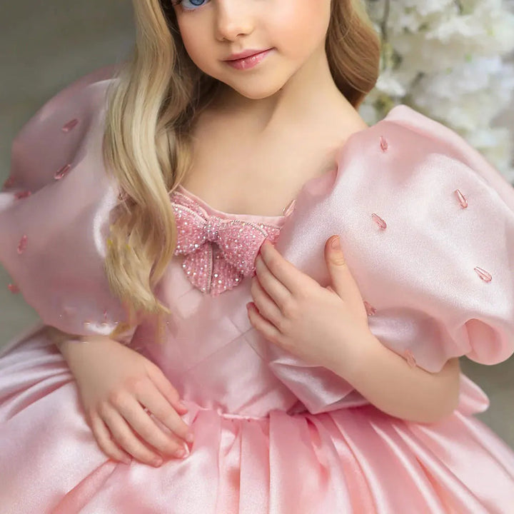 DreamyVow Luxury Pink Girl Dress Beaded Puffy Sleeve Bow Dubai Princess Gown for Baby Kids Birthday Wedding Communion Party J374-DreamyVow