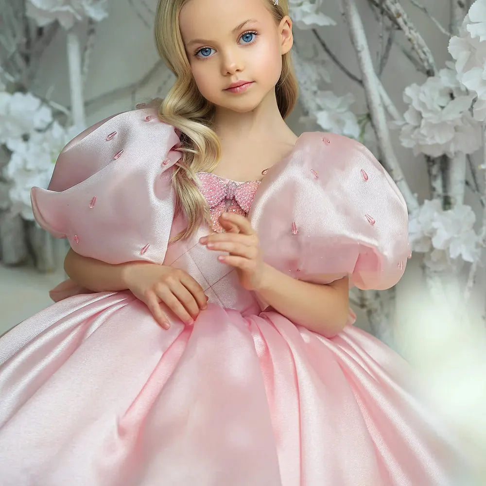 DreamyVow Luxury Pink Girl Dress Beaded Puffy Sleeve Bow Dubai Princess Gown for Baby Kids Birthday Wedding Communion Party J374-DreamyVow