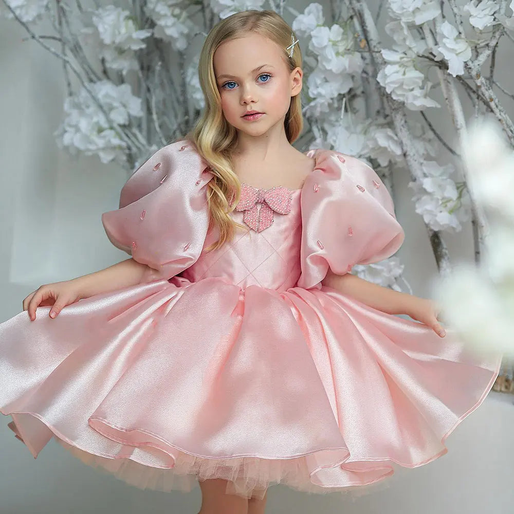 DreamyVow Luxury Pink Girl Dress Beaded Puffy Sleeve Bow Dubai Princess Gown for Baby Kids Birthday Wedding Communion Party J374-DreamyVow