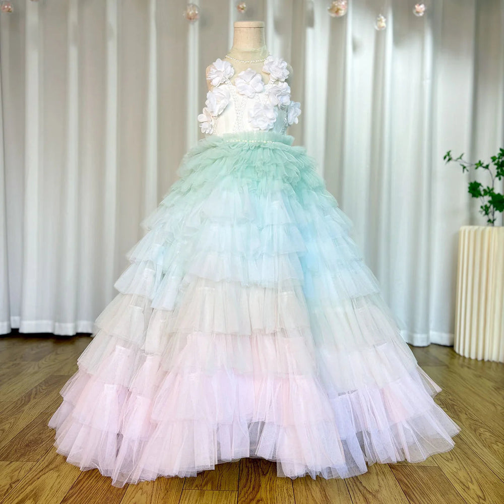 DreamyVow Luxury Sage Green Flower Girl Dresses Handmade Flower Tiered Princess Kids Ball Gown for Wedding Birthday Party J074-DreamyVow