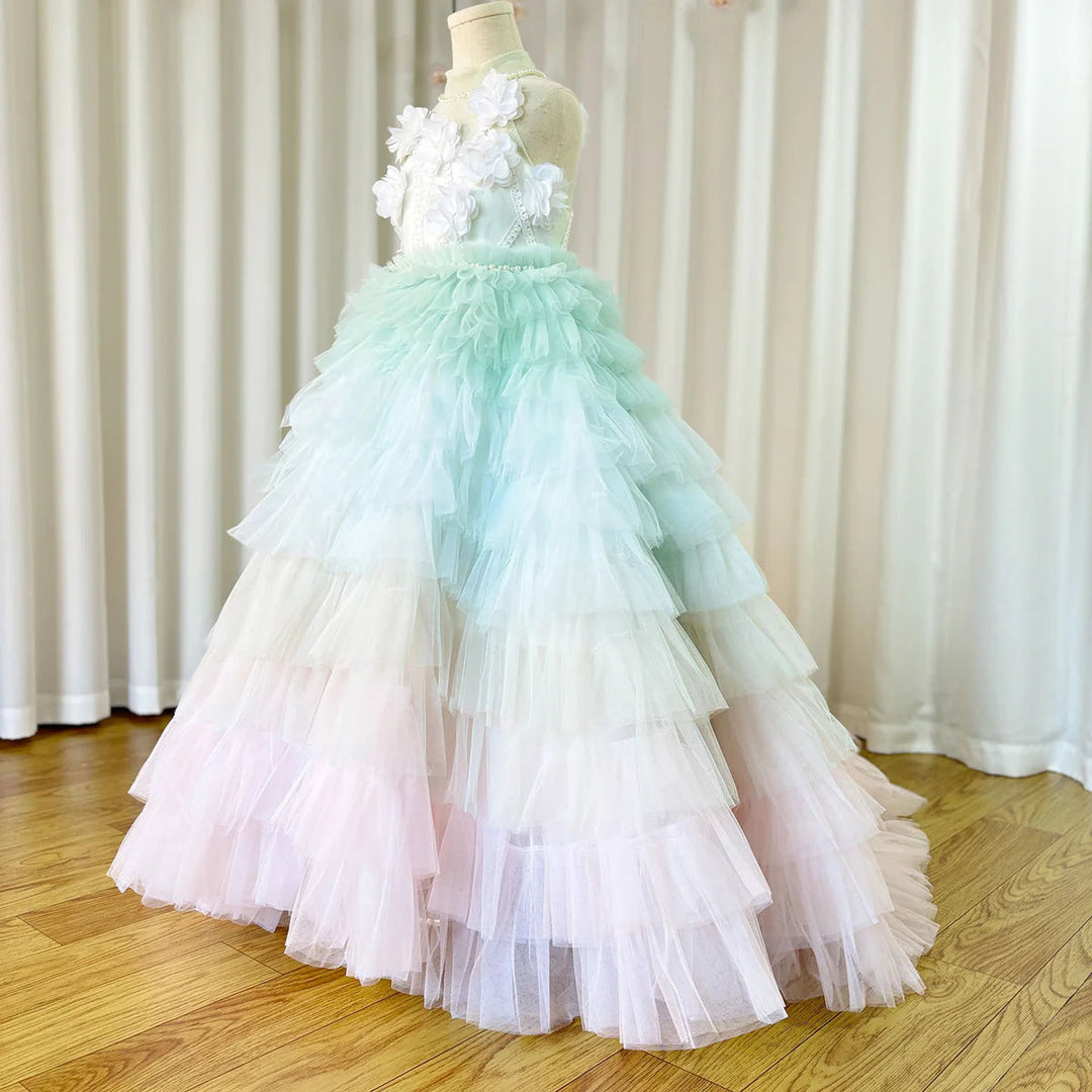 DreamyVow Luxury Sage Green Flower Girl Dresses Handmade Flower Tiered Princess Kids Ball Gown for Wedding Birthday Party J074-DreamyVow