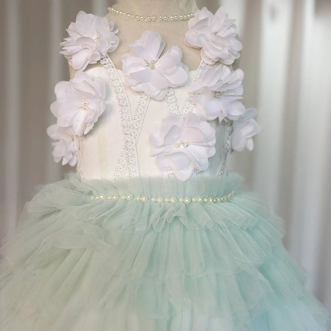 DreamyVow Luxury Sage Green Flower Girl Dresses Handmade Flower Tiered Princess Kids Ball Gown for Wedding Birthday Party J074-DreamyVow