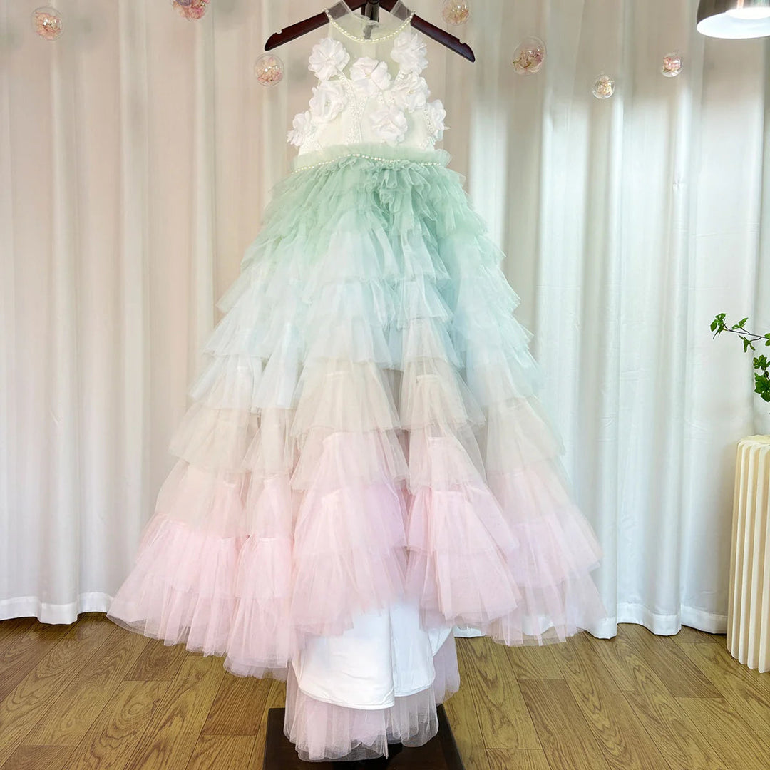 DreamyVow Luxury Sage Green Flower Girl Dresses Handmade Flower Tiered Princess Kids Ball Gown for Wedding Birthday Party J074-DreamyVow